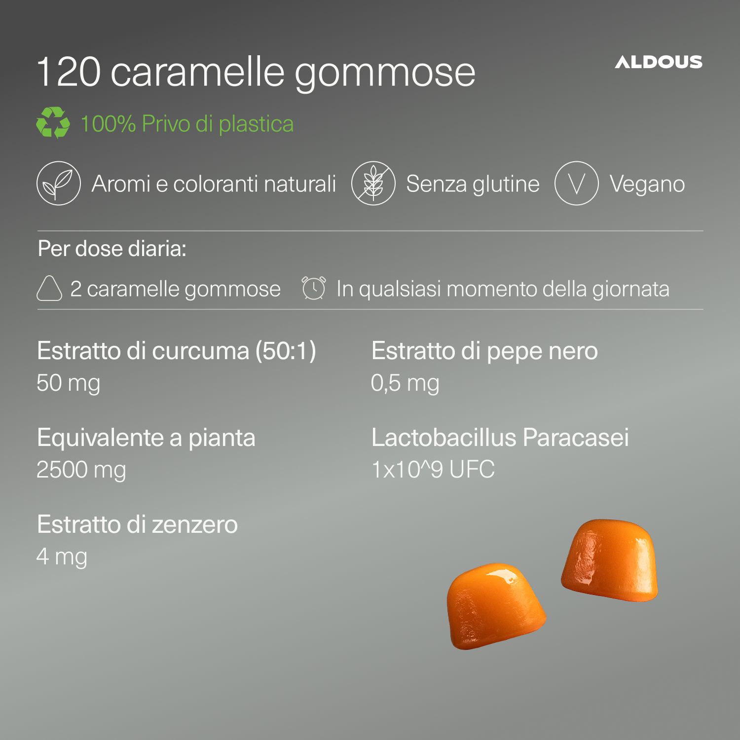 Aldous Curcuma Gummies: 120 Stück, ohne Plastik, natürliche Aromen.