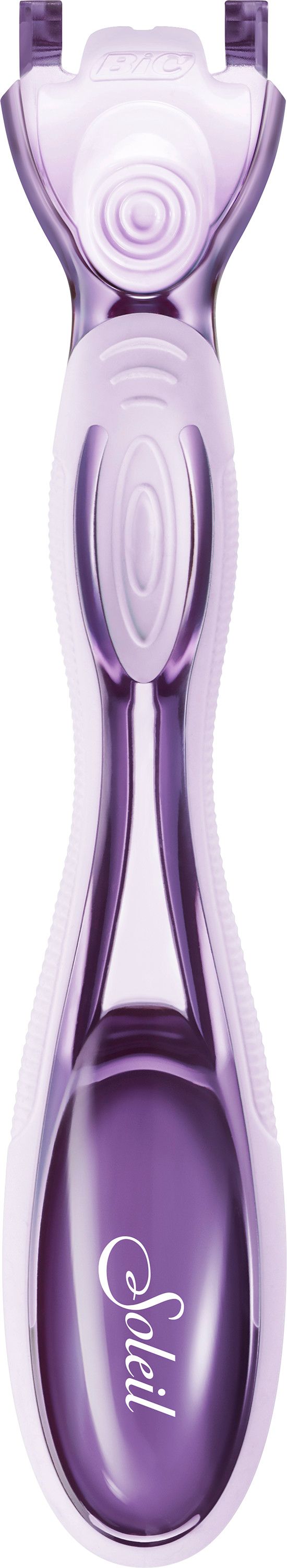 Violett-weißer Rasierer mit 3 Klingen. Ergonomischer Griff. Logo 'Soleil'.