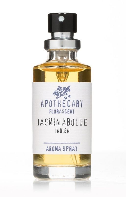 Aromaspray-Flasche mit schwarzem Sprühkopf. Auf dem Etikett steht "APOTHECARY Florascent Jasmin Absolue Indien Aroma Spray".