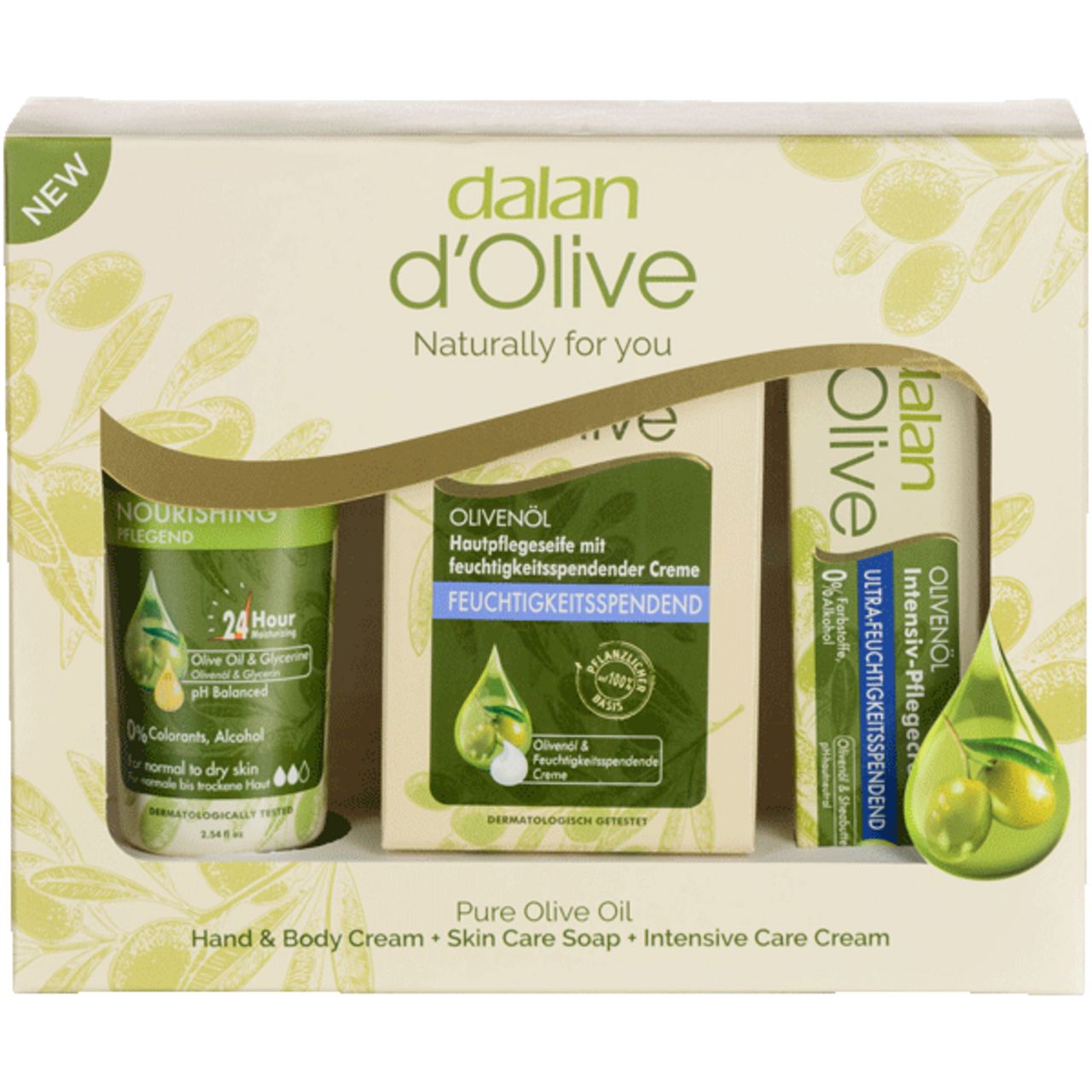 Dalan d'Olive, Geschenkset = Bodylotion 75ml + Feinseife 100g + Intensiv Creme 20ml
