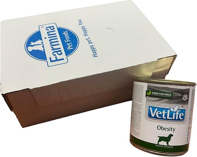 Farmina VetLife Nassfutter Obesity für Hunde. Dose und Karton. Dose mit Etikett, Karton teilweise geöffnet.
