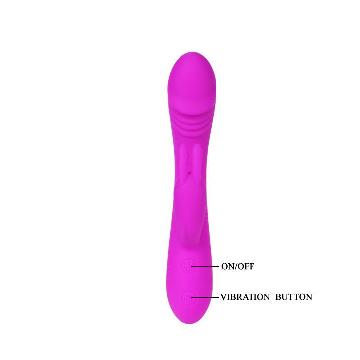 Lila Vibrator mit Kaninchenohren-Design. Beschriftung: ON/OFF und Vibrationstaste.