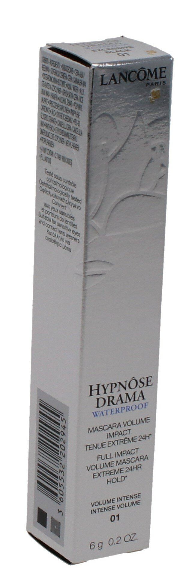 Kartonverpackung für Mascara. Text: "HYPNÔSE DRAMA WATERPROOF", "VOLUME IMPACT", "01", "6 g 0.2 OZ". Marke LANCÔME.