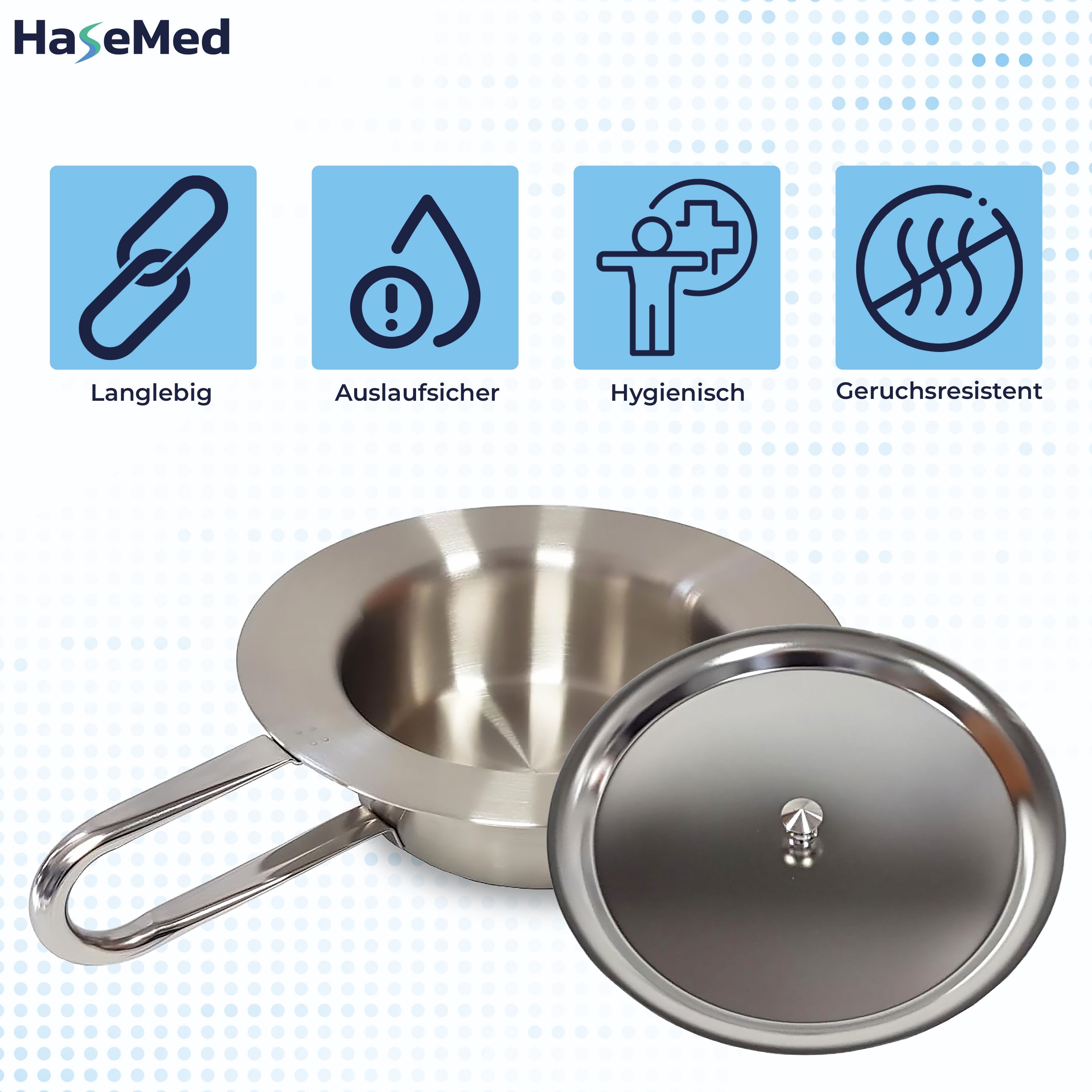 Edelstahl-Steckbecken mit Deckel. Vier Icons: langlebig, auslaufsicher, hygienisch, geruchsresistent. Marke HaseMed.