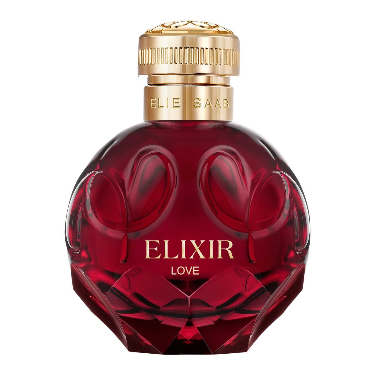Roter Flakon mit goldfarbenem Deckel. Aufschrift: ELIXIR LOVE. Flakon auf weißem Hintergrund.