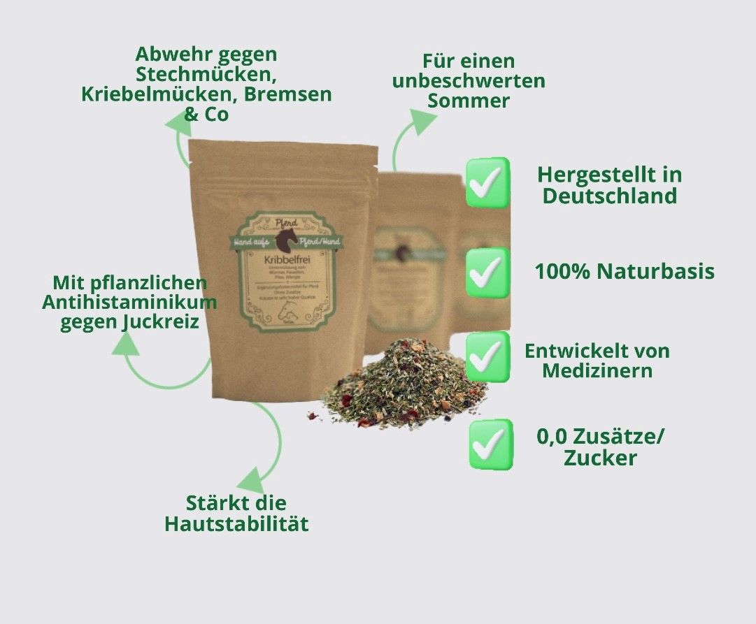 Produktabbildung mit drei Beuteln und Kräutermischung. Text: Abwehr gegen Stechmücken, Bremsen & Co, 100% Naturbasis, entwickelt von Medizinern.