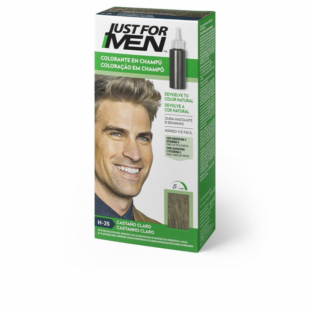 Schachtel mit Haarfarbe. Aufdruck: JUST FOR MEN. Abgebildet ist ein Mann mit hellbraunem Haar. Enthält eine Flasche mit Applikator.