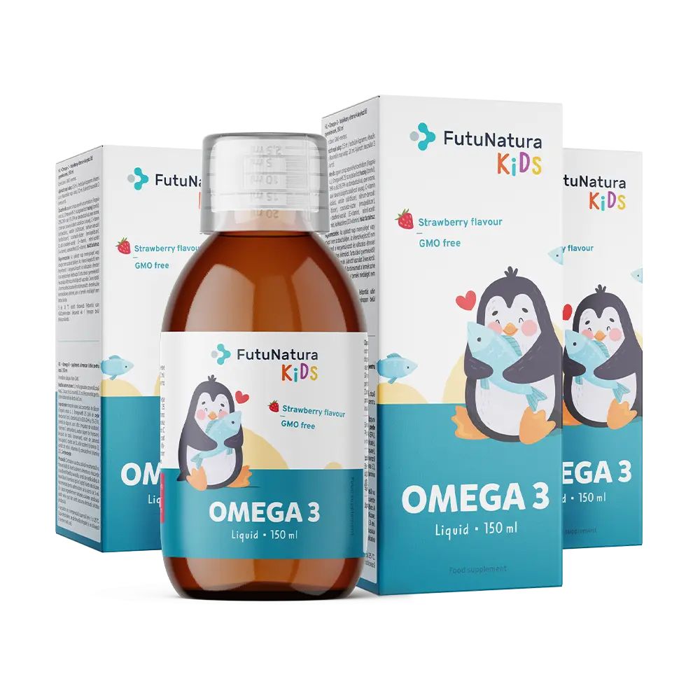 Flüssiges Nahrungsergänzungsmittel für Kinder. Flasche und Verpackung mit Pinguin-Illustration. Erdbeergeschmack, GMO-frei.