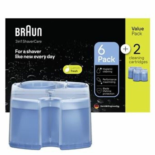 Braun 3in1 ShaverCare. 6+2 Reinigungs-Kartuschen. Blaue Kartuschen in Packung. "Lemon fresh"-Label. "German Engineering".