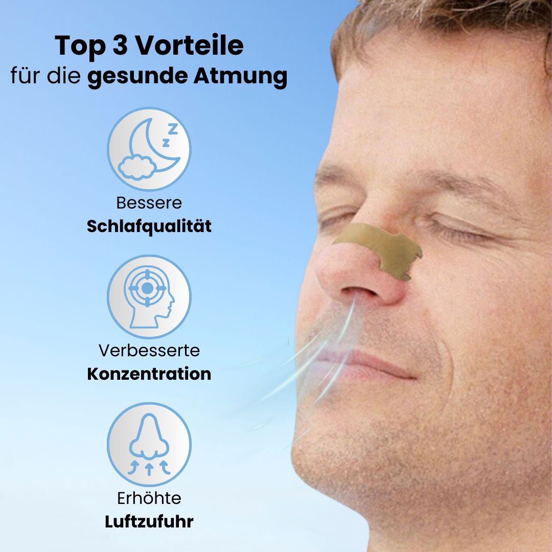 Mann mit Nasenpflaster. Grafische Darstellung von Vorteilen: Bessere Schlafqualität, verbesserte Konzentration, erhöhte Luftzufuhr.