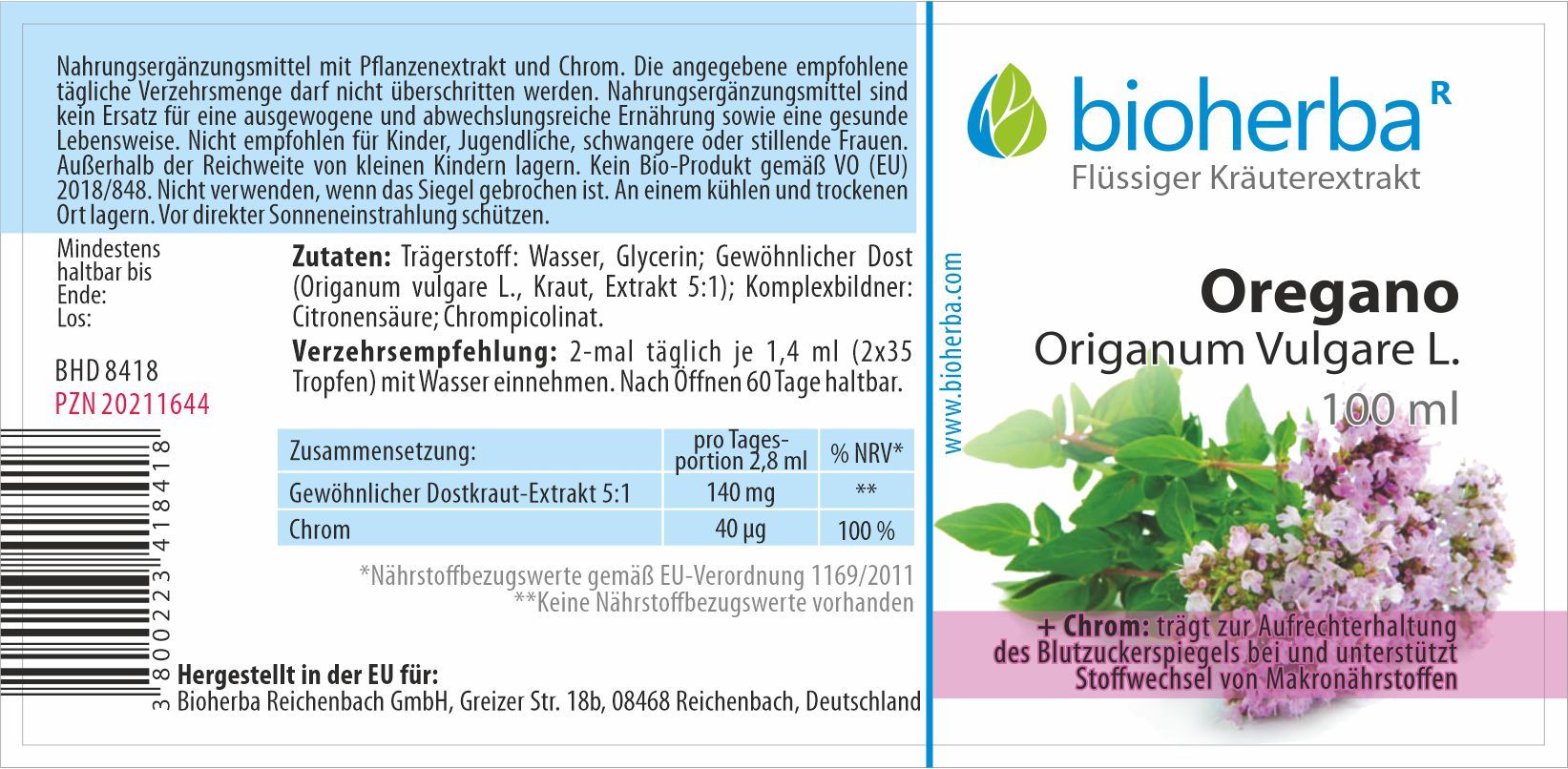 Bioherba Oregano Origanum vulgare L. Tropfen Tinktur