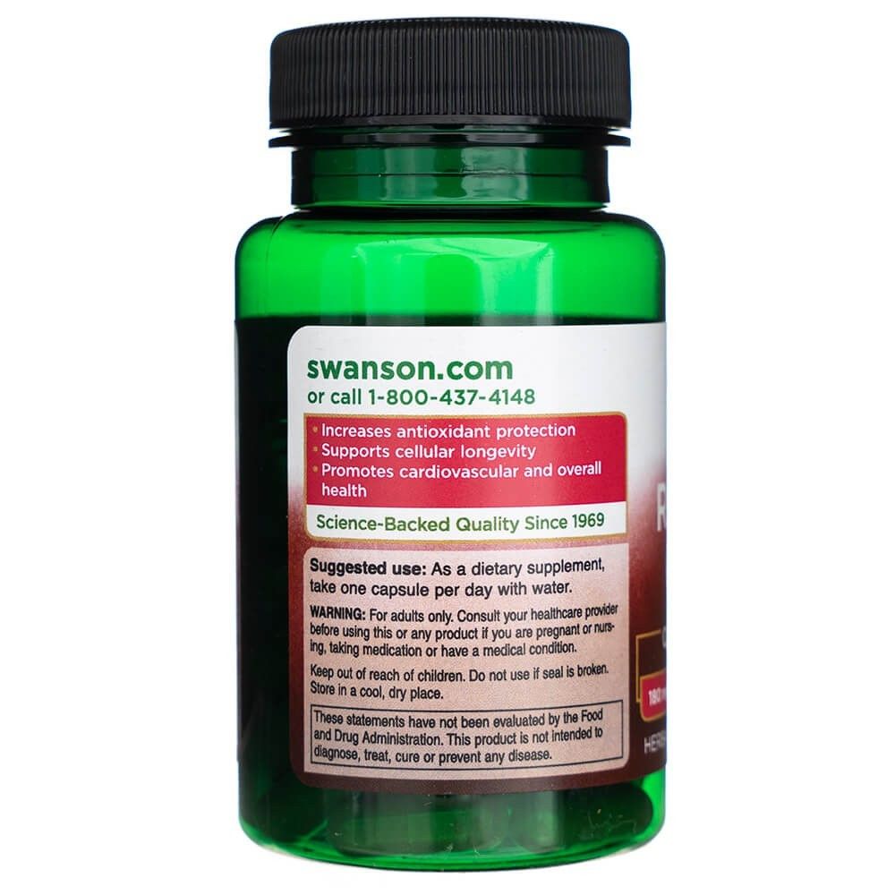 Rückseite einer Flasche Swanson Resveratrol Complex mit Produktvorteilen und Qualitätsangaben.