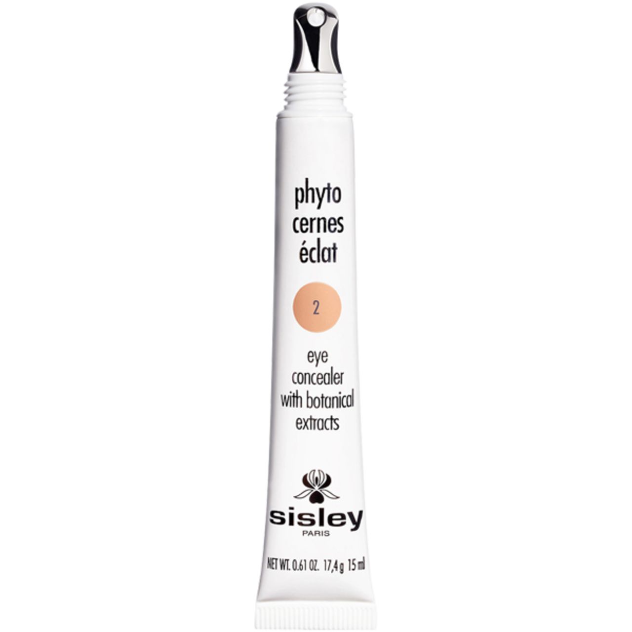 Weißer Tuben-Concealer mit Metallapplikator. Aufschrift: Phyto Cernes Éclat, 2, Eye Concealer. Marke: Sisley.