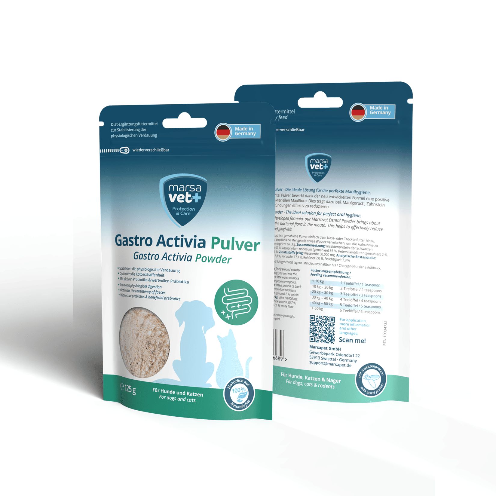 Zwei Beutel Marsavet Gastro Activia Pulver. Produktname und Logo sichtbar. Rückseite mit Text. Für Hunde und Katzen.