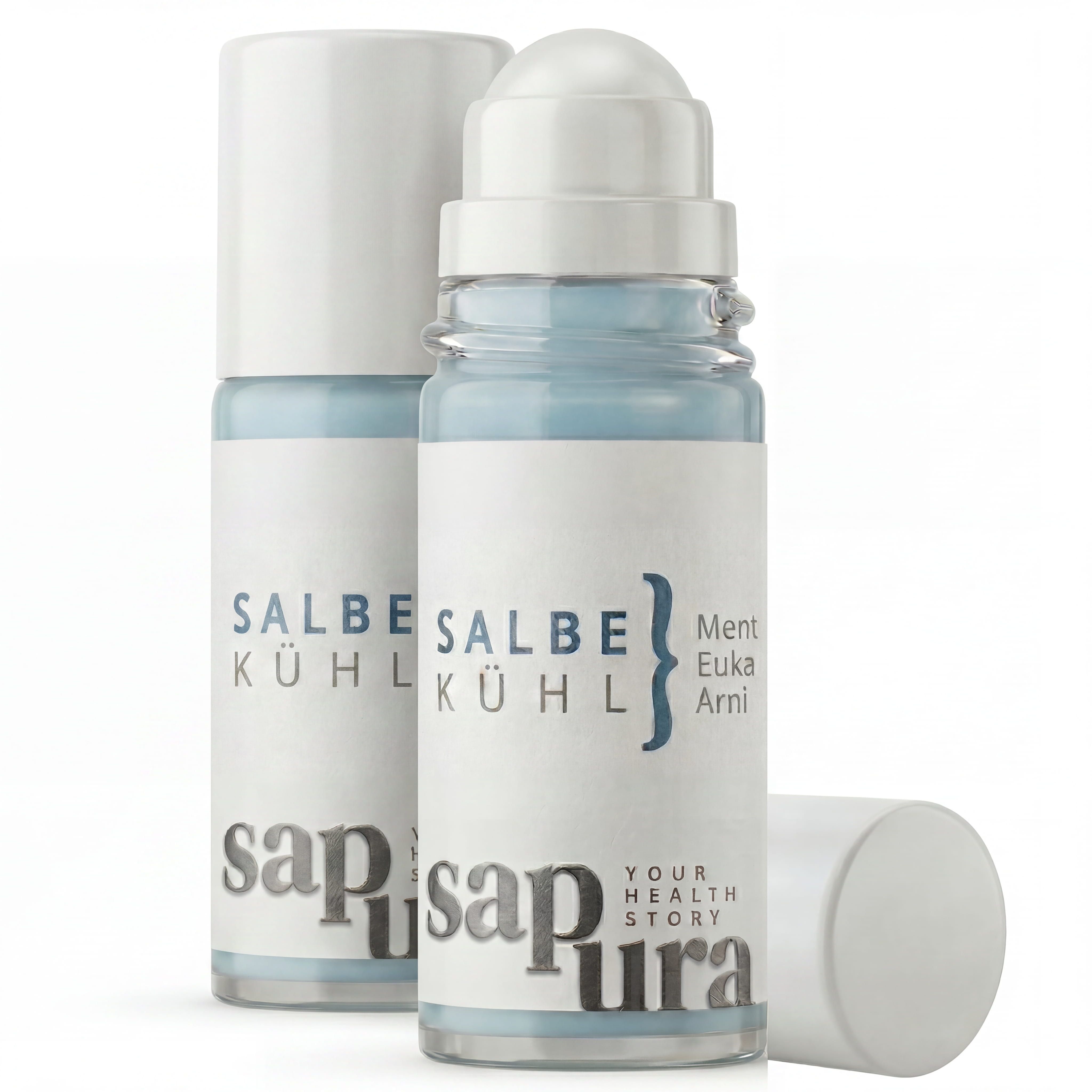 Zwei sapura health® Kühlgel Roll-Ons mit weißem Verschluss und Etikett.