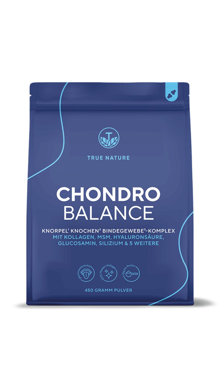 Blaue Verpackung von TRUE NATURE® Chondro Balance Pulver. Enthält Knorpel-, Knochen-, Bindegewebe-Komplex. 450 Gramm Pulver.