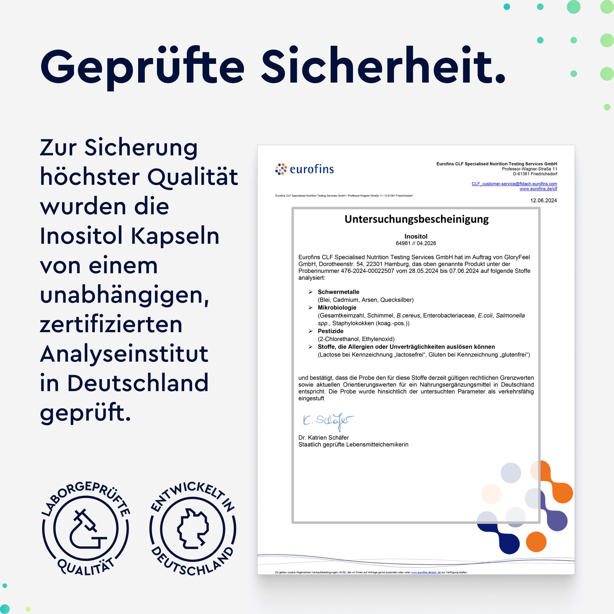 Zertifikat. Text: Geprüfte Sicherheit. Laborgeprüfte Qualität. Entwickelt in Deutschland.