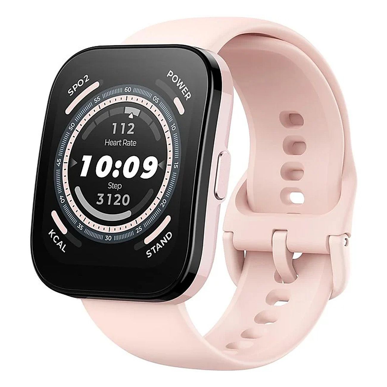 Amazfit Bip 5-rosa Smartwatch. Rosa Armband, schwarzes quadratisches Display. Zeigt Herzfrequenz, Schritte, Uhrzeit und Kalorien.