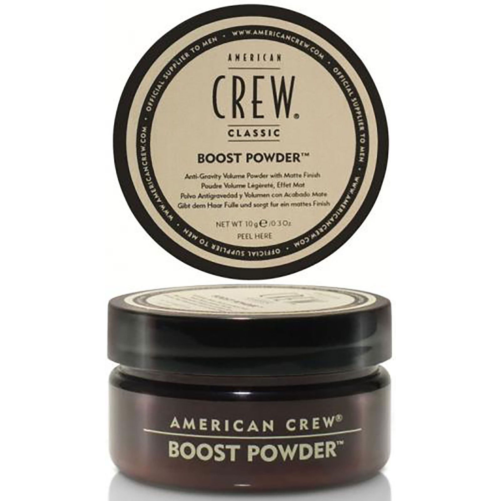 American Crew Boost Powder, Tiegel und geöffneter Deckel mit Etikett.