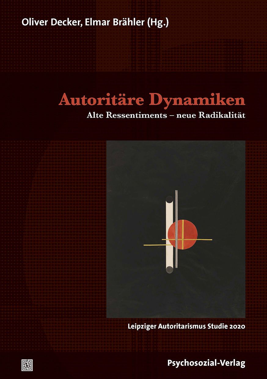 Buchcover: Autoritäre Dynamiken. Titel in Rot, Autorennamen oben. Abstraktes Design mit Kreis und Linien. Verlag: Psychosozial-Verlag.