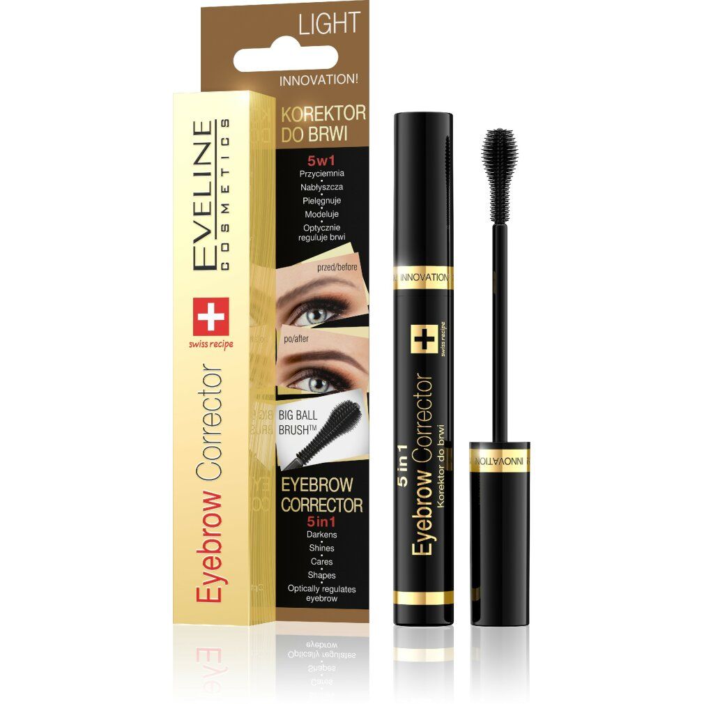 Verpackung mit Augenbrauenkorrektur. Produkt und Bürste. Aufschrift: Eveline Cosmetics, 5in1, Korrektor do brwi. Plus-Zeichen.