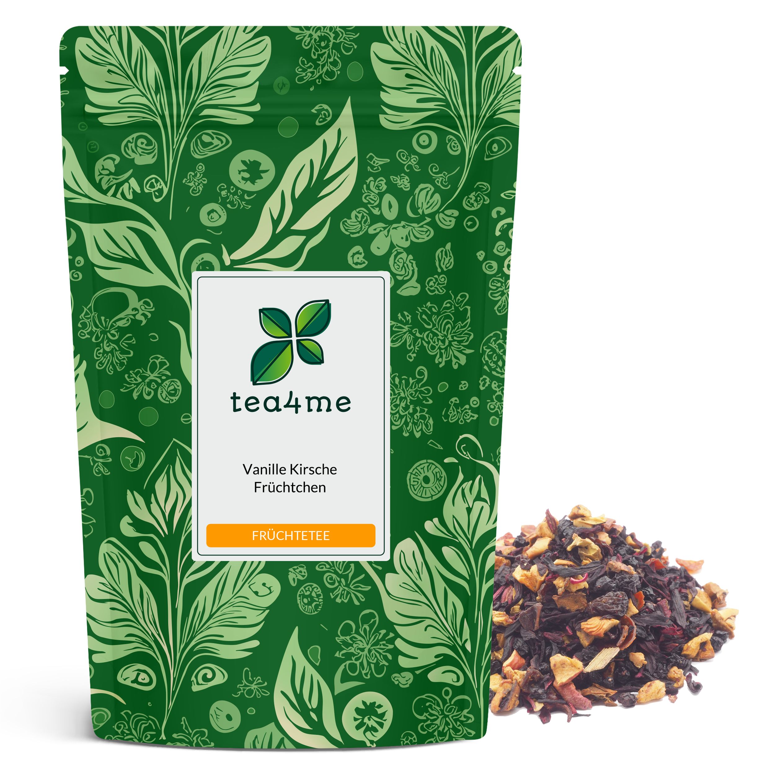 Grüner Beutel mit floralem Muster. Weißes Etikett mit Logo und Produktbezeichnung: Vanille Kirsche Früchtchen Früchtetee. Daneben loser Tee.