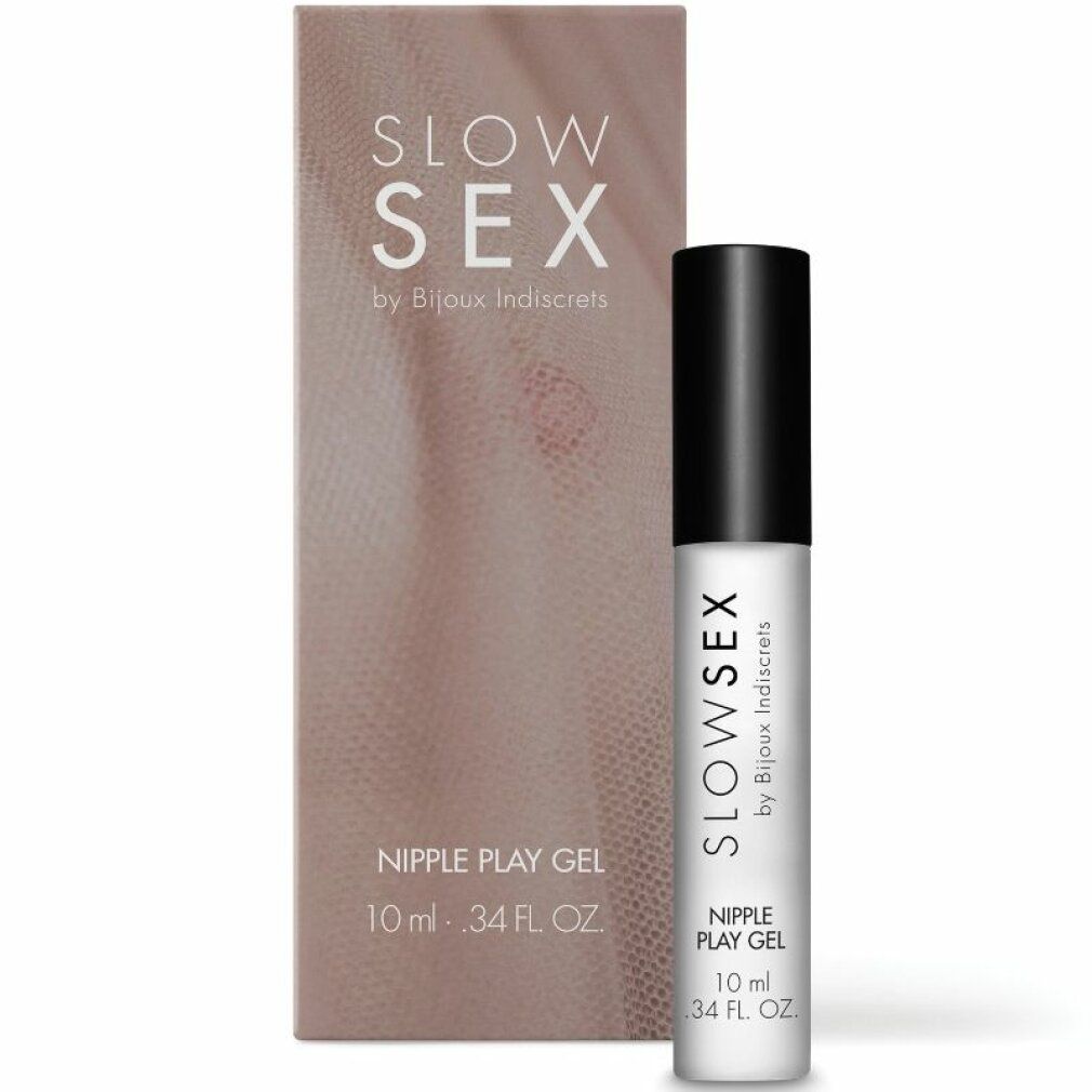 Gel-Fläschchen mit schwarzem Deckel und Verpackung. Aufschrift: SLOW SEX by Bijoux Indiscrets, Nipple Play Gel.