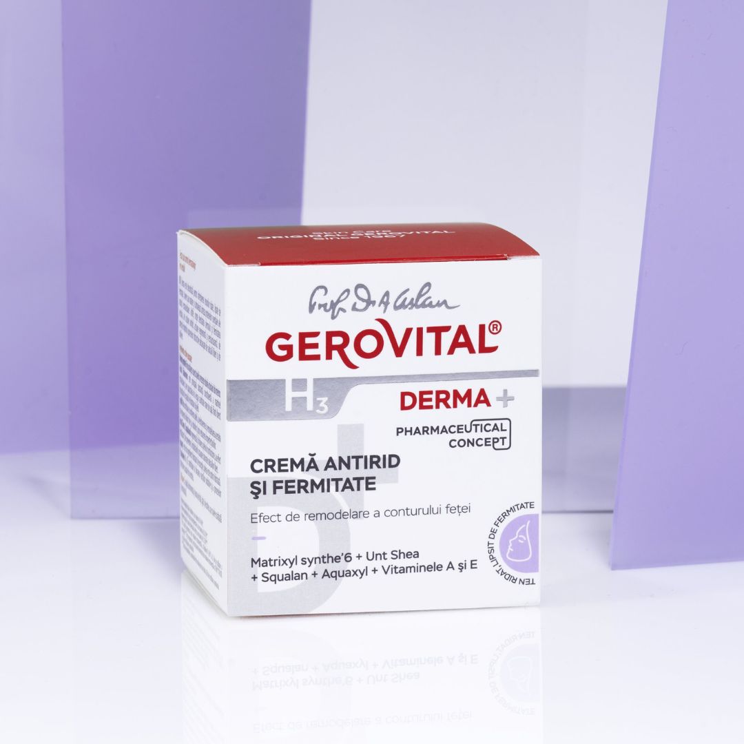 Verpackung. Aufschrift: Gerovital H3 Derma+. Creme gegen Falten und Festigkeit. Mit Inhaltsstoffen.