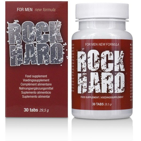 Weiße Tablettenflasche und rote Schachtel. Aufschrift "ROCK HARD" und "FOR MEN". Enthält 30 Tabletten.