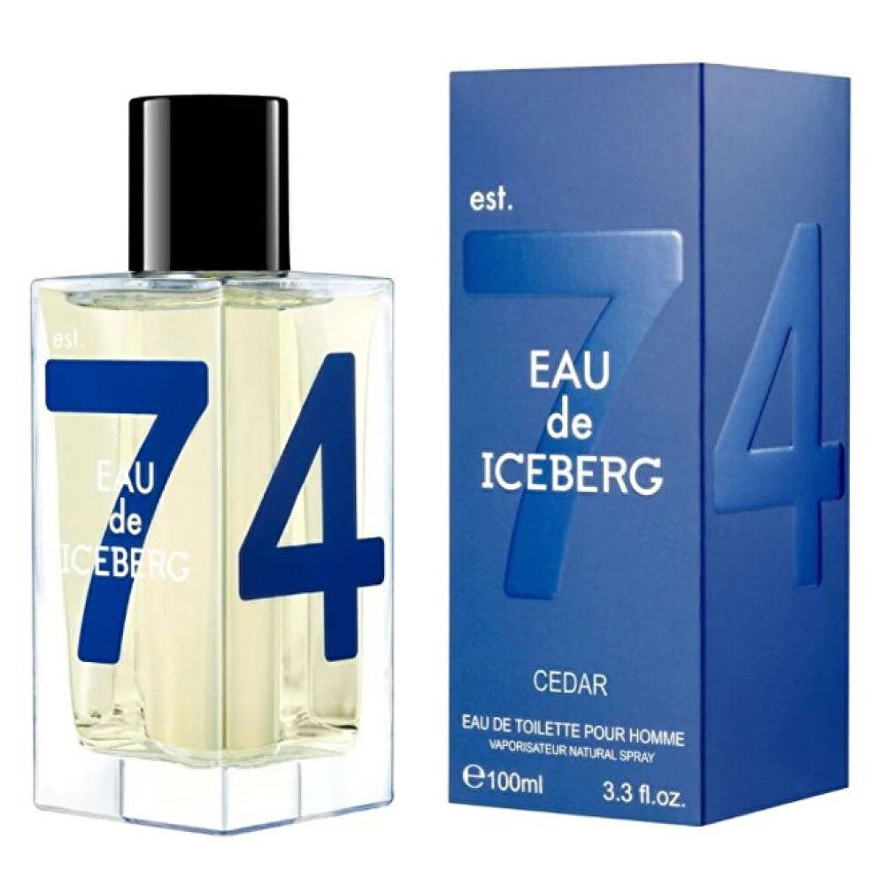 Flakon und Schachtel. Aufschrift: Eau de Iceberg Cedar. Blaue Schachtel, transparente Flasche mit schwarzem Deckel. Aufschrift: 74.