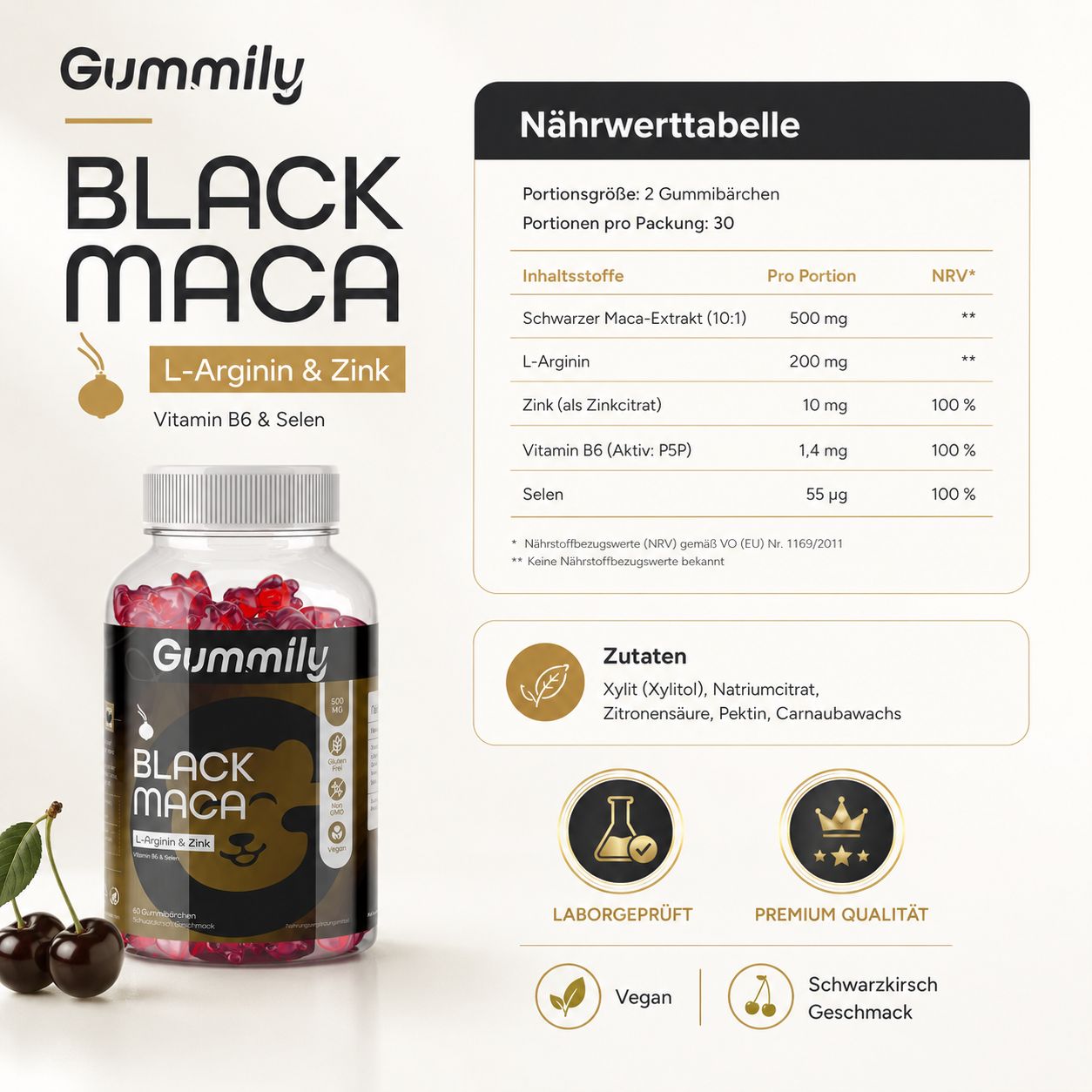 Gummily Black Maca Flasche und Nährwerttabelle mit Zutaten und Zertifizierungen.
