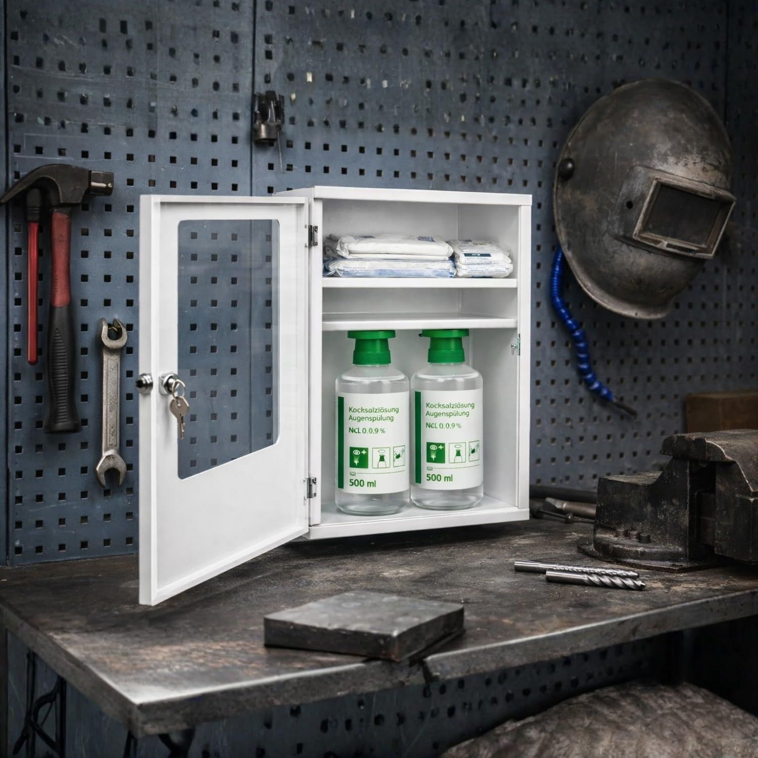 FAP First Aid Products Augenspülschrank mit 2x NaCl 0,9% (500 ml) - Metall, abschließbar, weiß