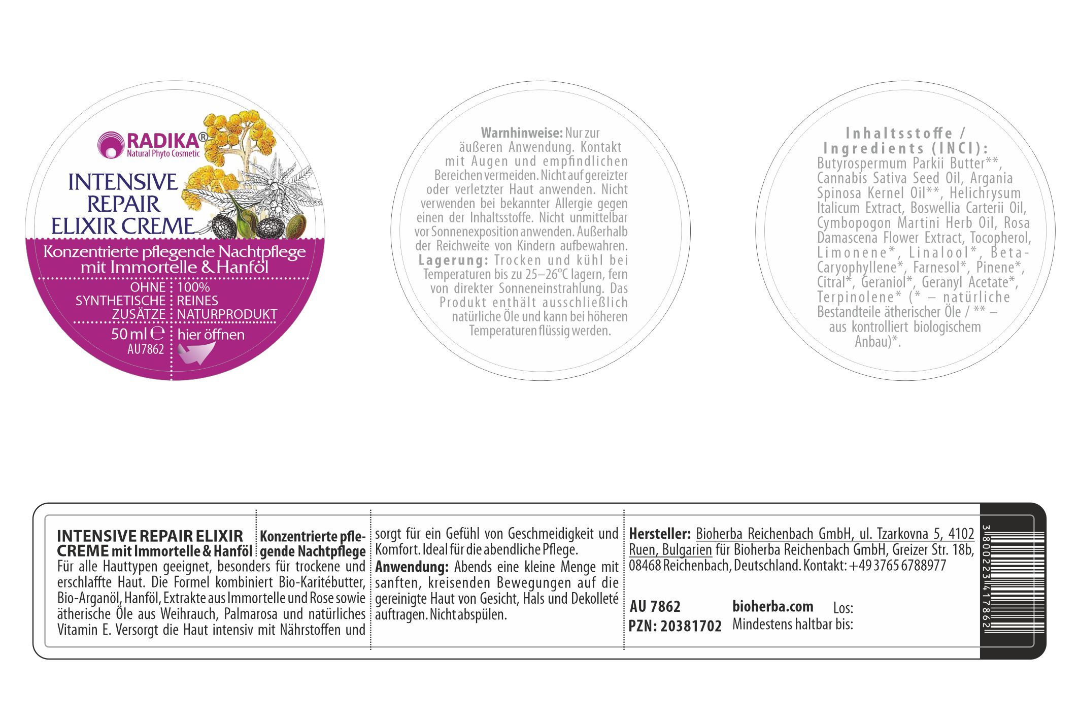 Bioherba Intensive Repair Creme mit Immortelle- & Hanföl