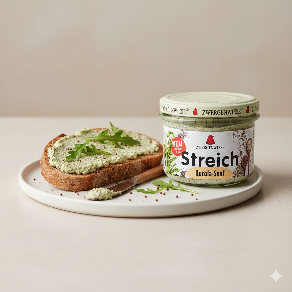 Zwergenwiese Streich Rucola-Senf im Glas auf Brot mit Rucola garniert.