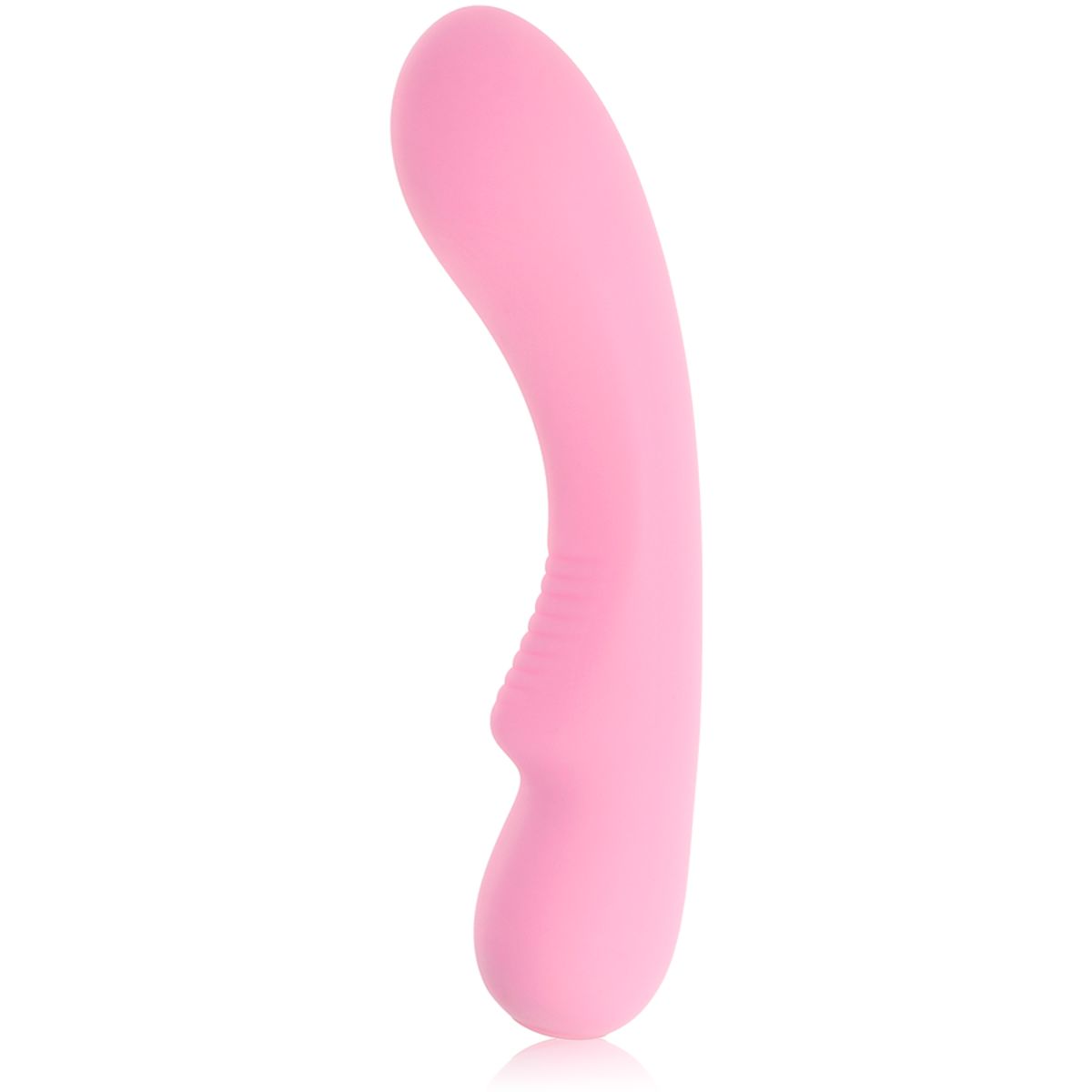 Rosa Vibrator mit gebogener Form. Oberfläche mit Rillen. Unterteil abgerundet.