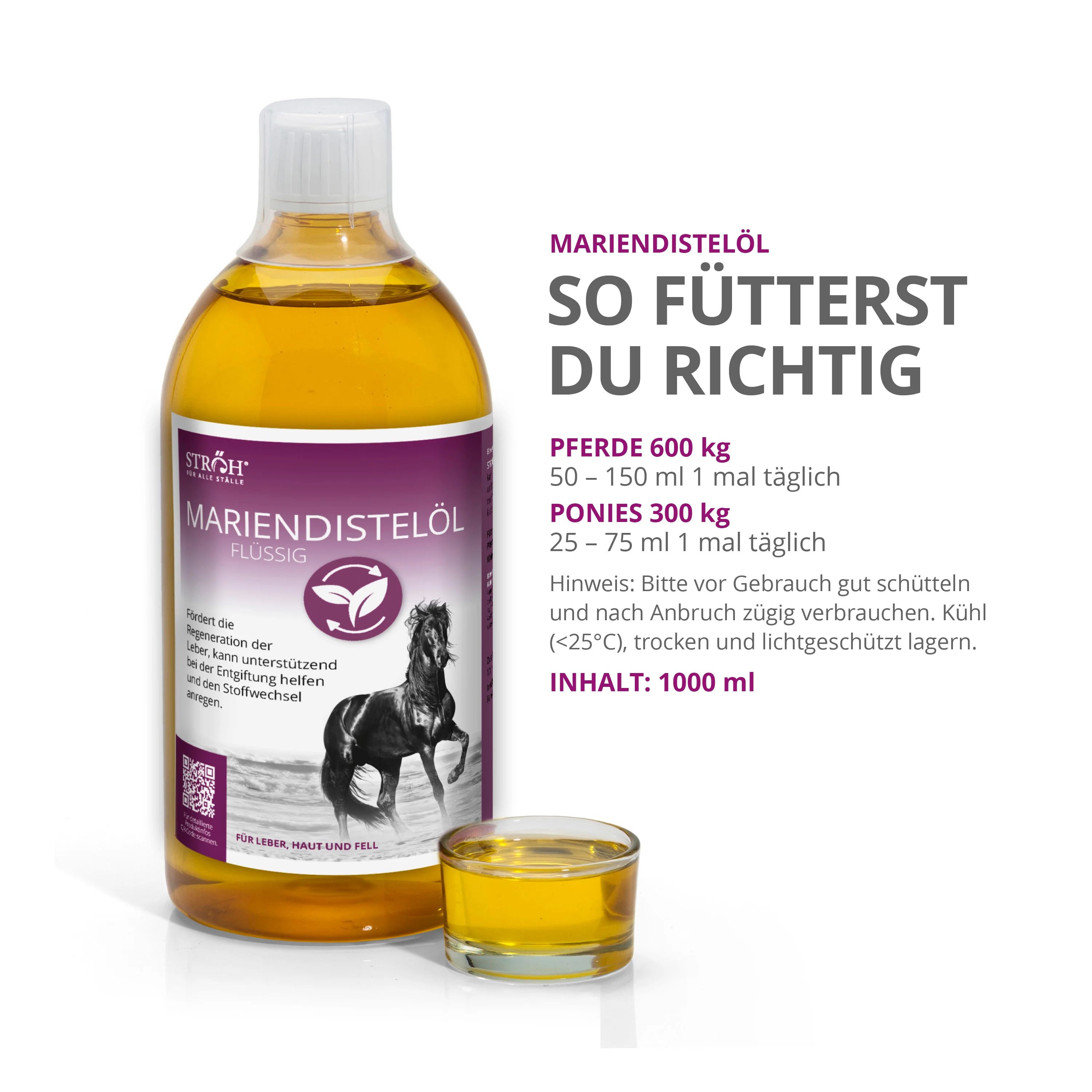 Flasche Mariendistelöl und Glas. Text mit Dosierungsempfehlungen. Inhalt: 1000 ml. Gelbe Flüssigkeit.