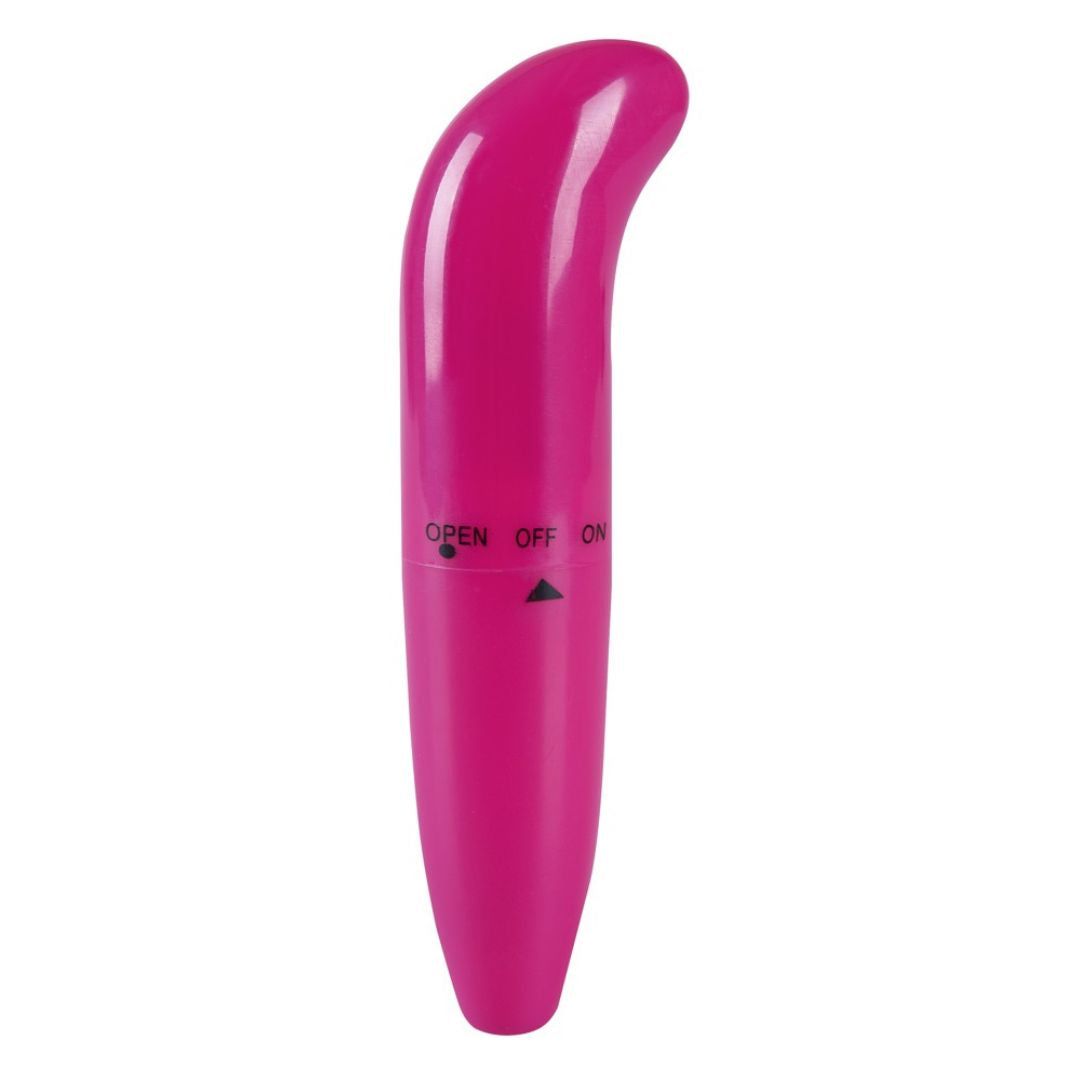 Pinkfarbener Vibrator mit geschwungener Form. Drehregler mit 'ON' und 'OFF' Beschriftung.