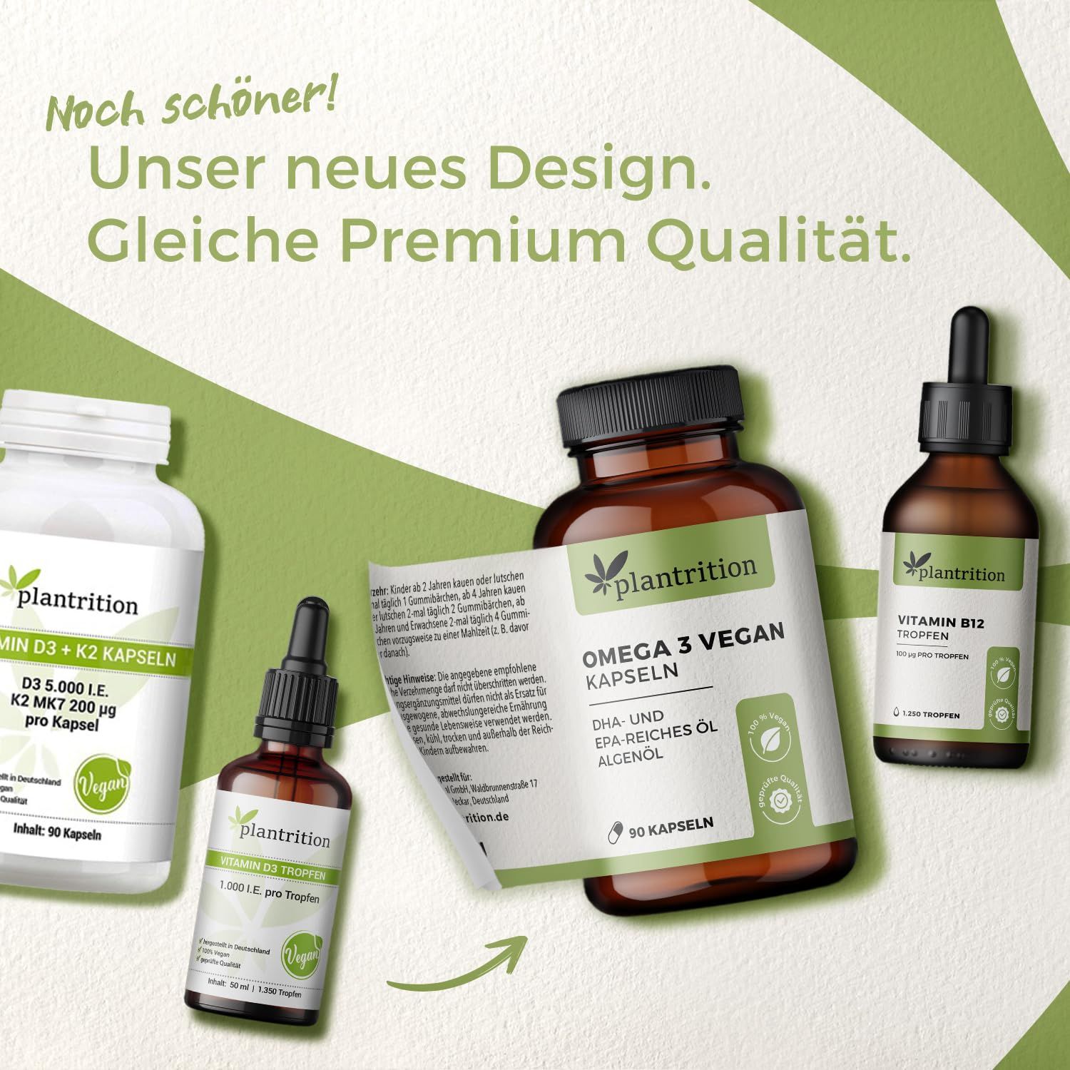 Verschiedene Nahrungsergänzungsmittel in Flaschen und Tropfen. Enthält Produkte von plantrition, darunter Vitamin K2.