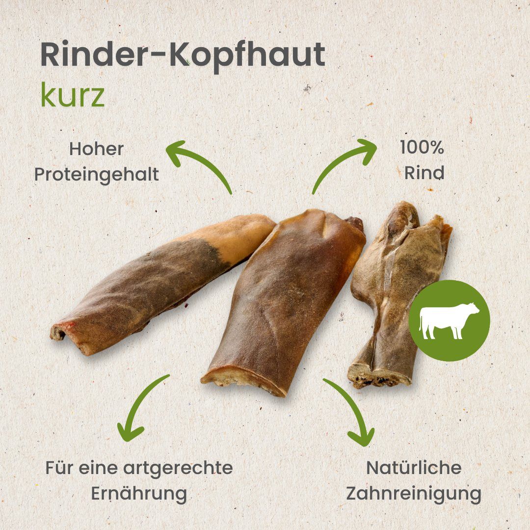 Drei getrocknete Rinderkopfhautstücke auf weißem Hintergrund.