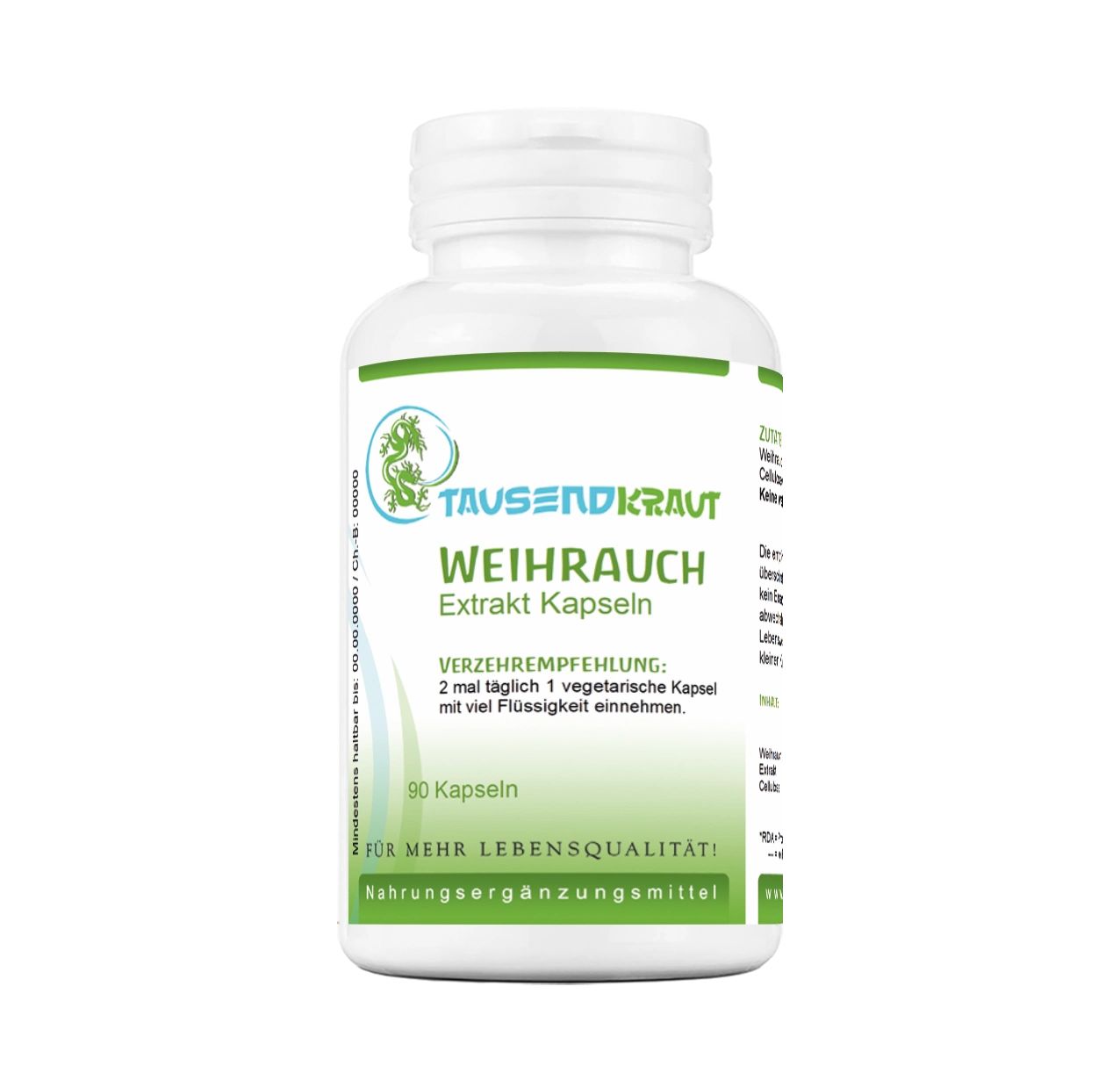 Weiße Flasche mit grünen und weißen Etiketten. Aufschrift: Tausendkraut Weihrauch Extrakt Kapseln. 90 Kapseln.