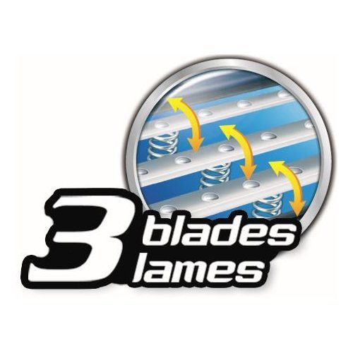 Nahaufnahme des Rasiererkopfes. Logo mit der Aufschrift '3 blades'.