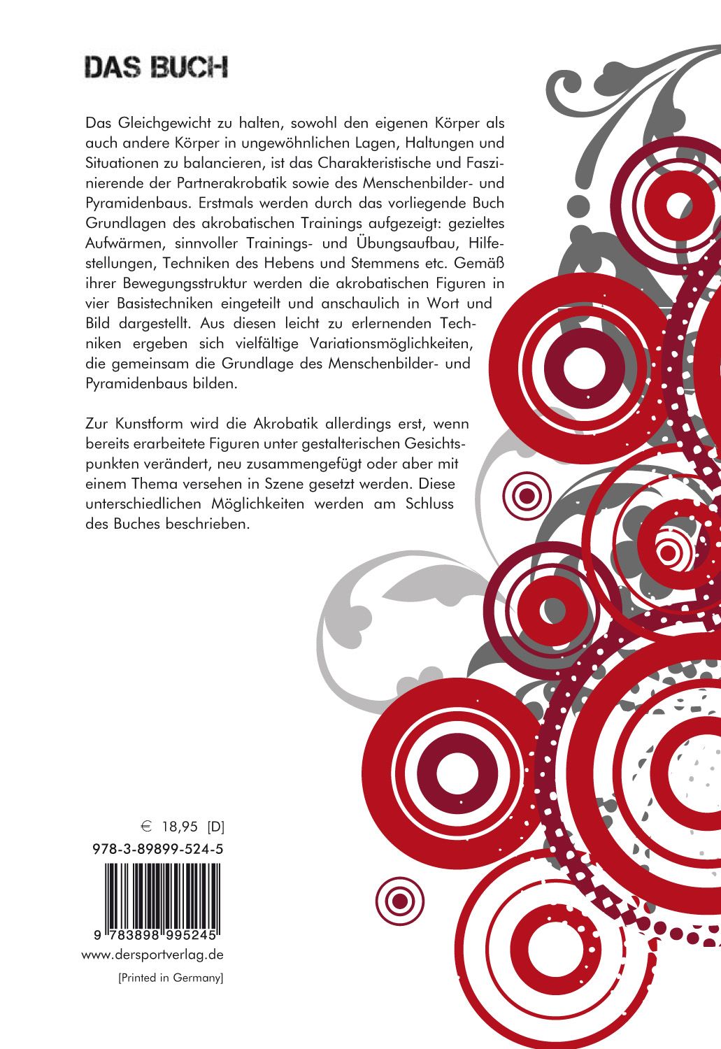 Rückseite des Buches "Akrobatik". Text in deutscher Sprache, rotes Kreisdesign. Preis und ISBN-Code unten.