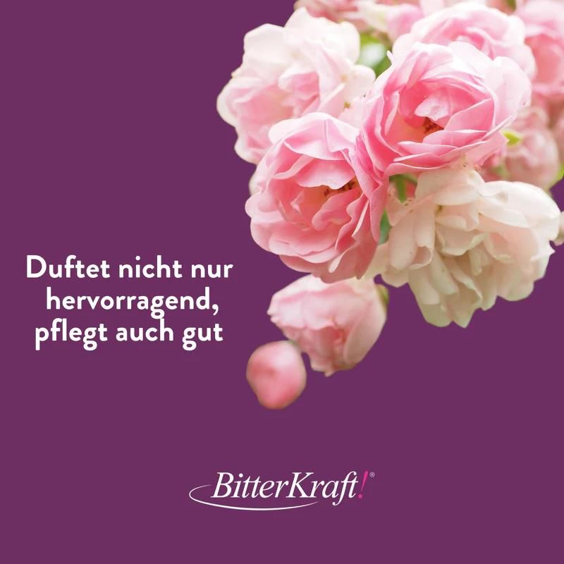 Rosenblüten auf lila Hintergrund. Text: Duftet nicht nur hervorragend, pflegt auch gut. BitterKraft! Logo.