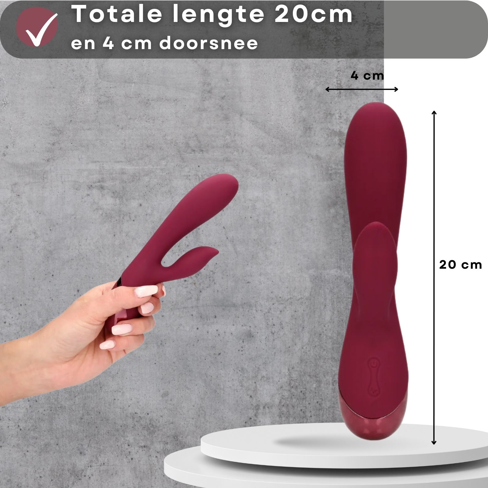 Bordeaux vibrator. Afmetingen: 20 cm lang, 4 cm diameter. Twee aanzichten.