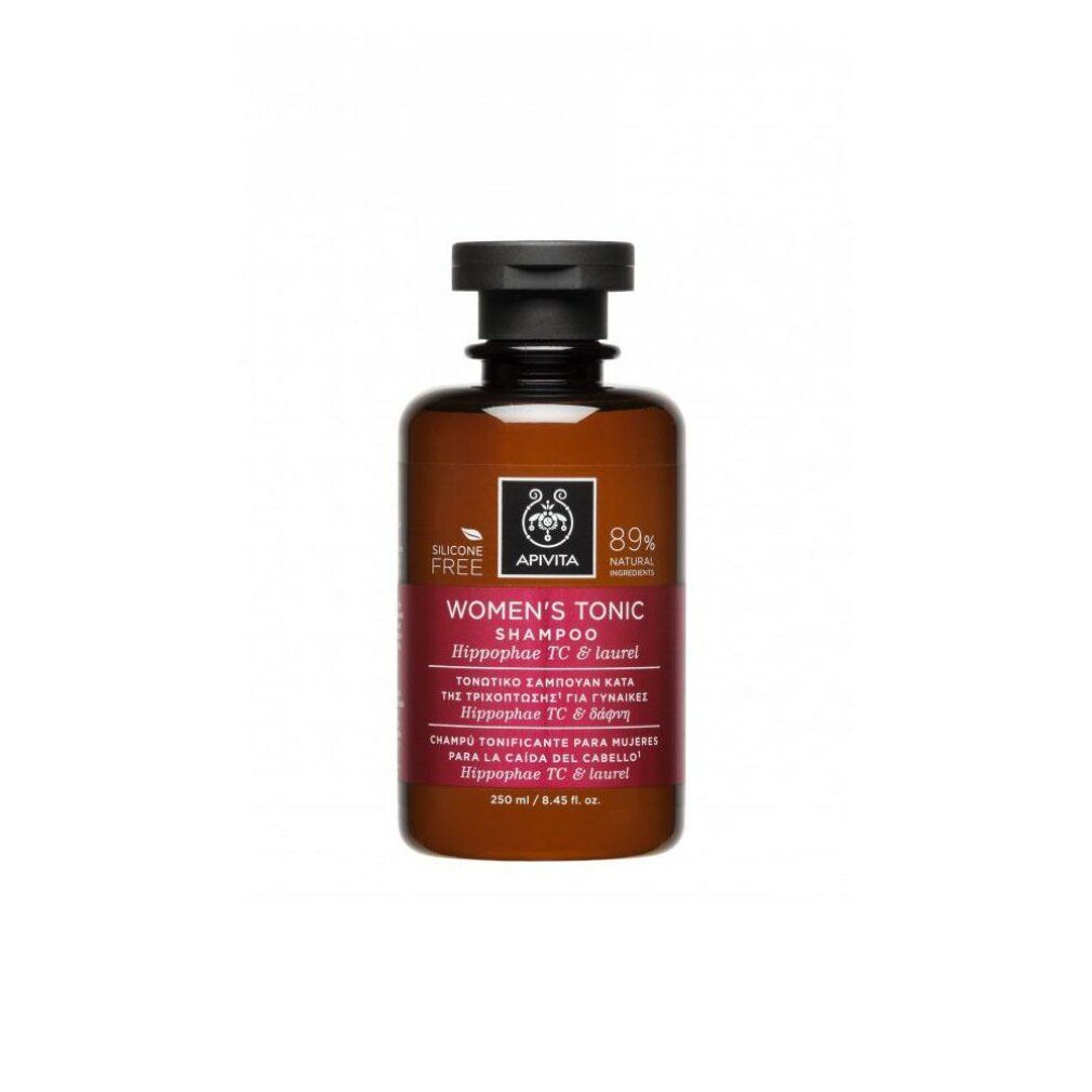 APIVITA TONIC Shampoo-Flasche. Braune Flasche mit schwarzem Deckel. Rotes Etikett mit Produktnamen und Text.