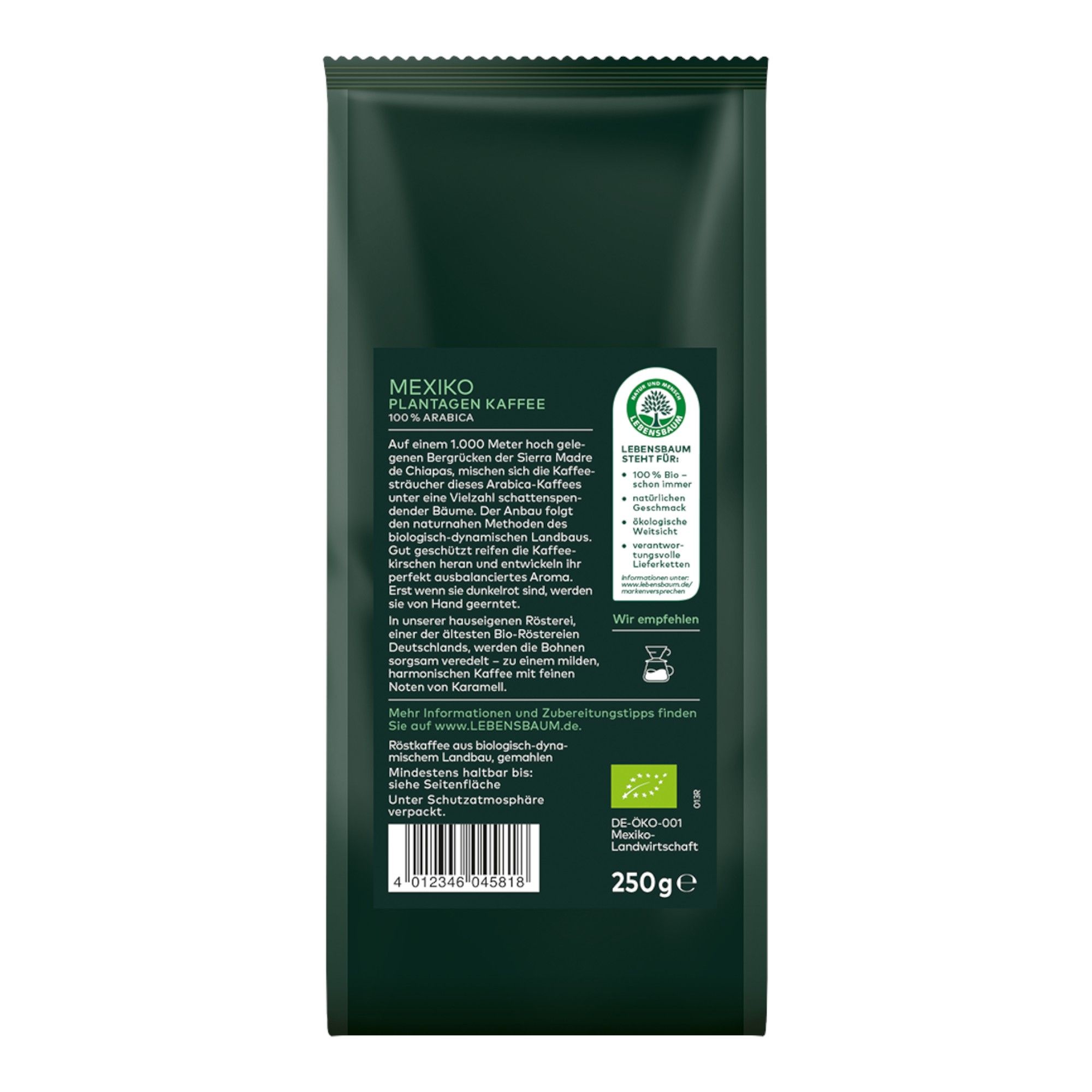 Dunkelgrüner Beutel mit Kaffeebohnen aus Mexiko, 250g. Enthält Bio-Siegel und Informationen zum Anbau.