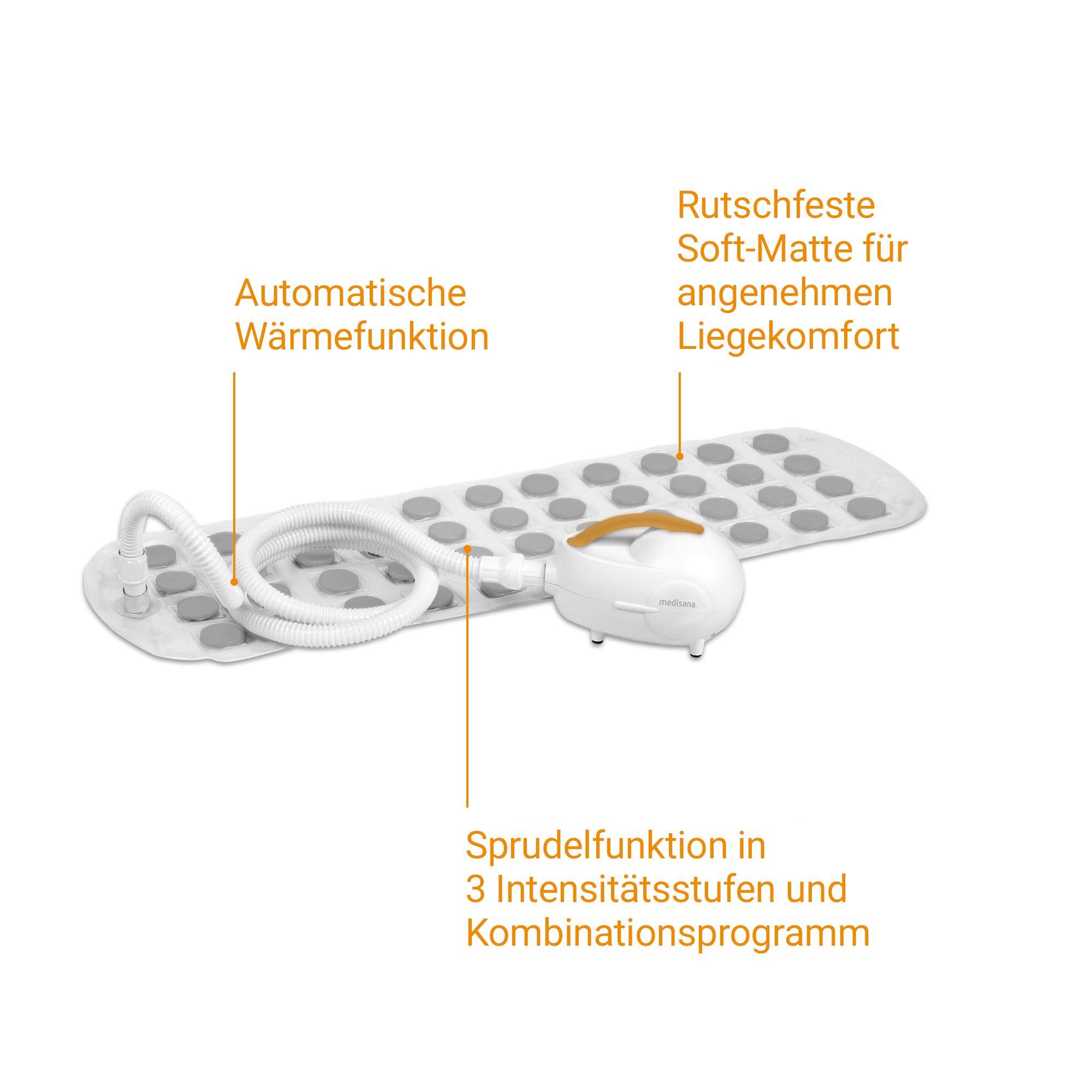 Sprudelmatte mit Gebläse, Schlauch und Markierungen für Intensität.