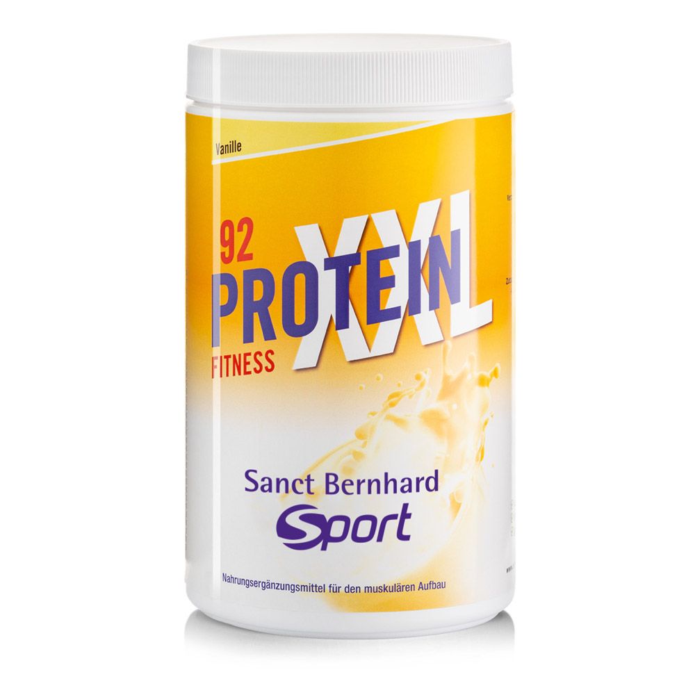 Weißes, zylindrisches Produktgebinde mit gelbem Etikett. Aufschrift: 92 Protein XXL Fitness, Sanct Bernhard Sport.
