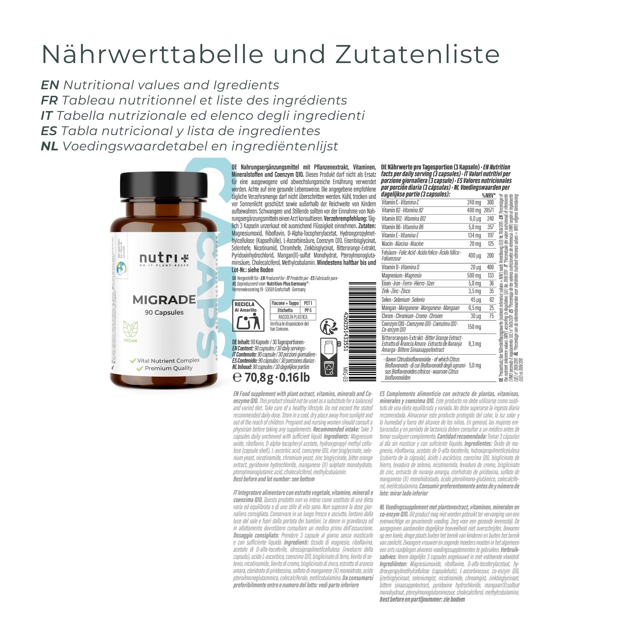 Braune Flasche nutri+ Migrade. Nährwerttabelle und Zutatenliste. Text in Deutsch, Englisch, Französisch, Italienisch, Spanisch, Niederländisch.