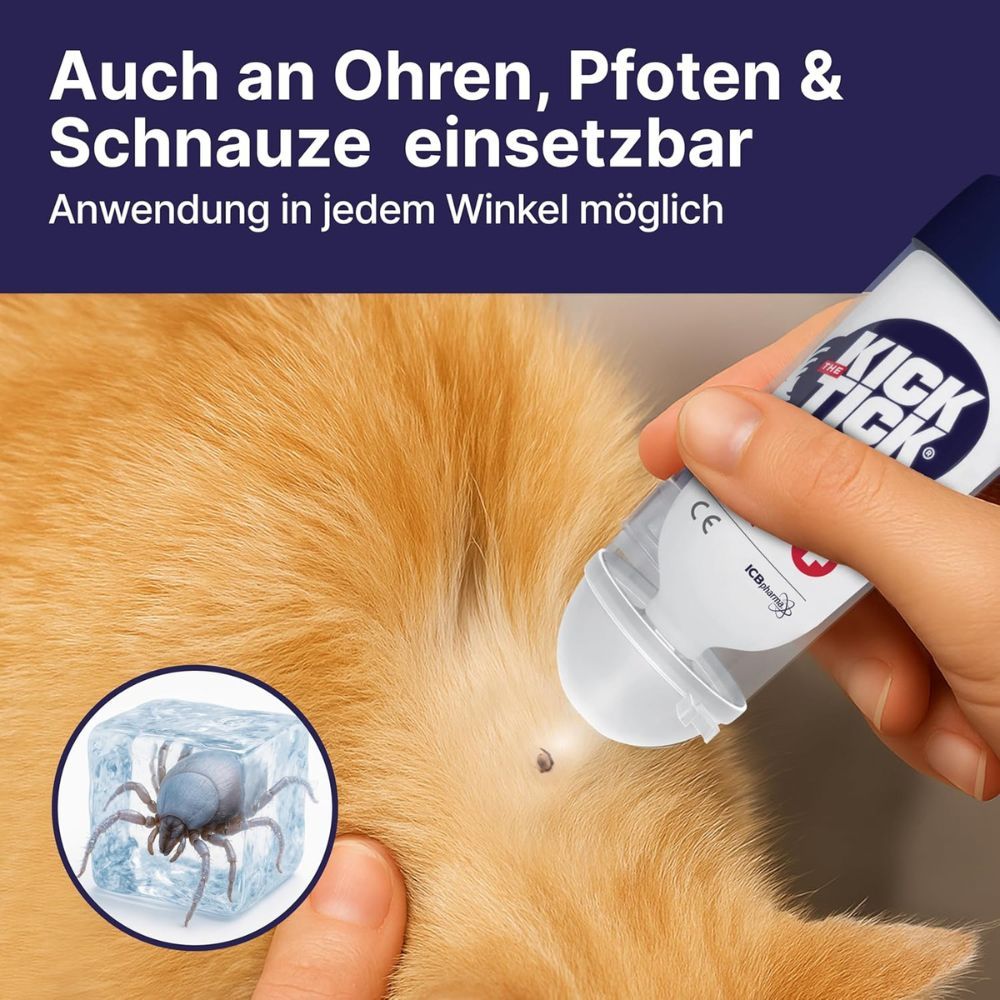 Katze mit Zecke. Spray wird auf Zecke gesprüht. Text: Kick the Tick.